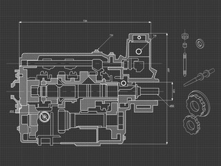 Sticker - Technical blue background with drawings of details and mechanisms.Engine line drawing background. Vector illustration