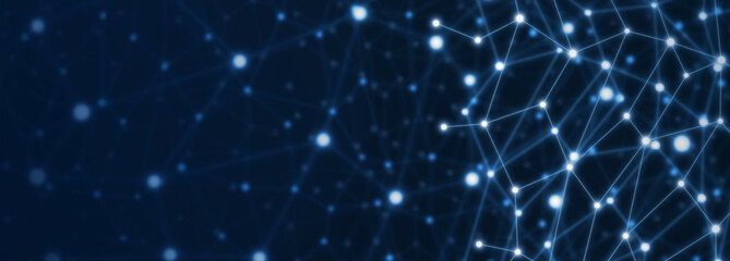 Bright, shiny, blue and and navy blue net connection banner. Network of illuminated and connected light nodes with copyspace for text.