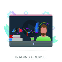 Poster - Online Trading Courses flat vector icon concept. Cryptocurrency, forex or stock market trade academy with video webinar lessons education. A bearded man leads a lesson on the background of macd graph