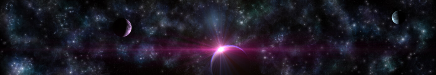 Wall Mural - Panorama of space, a star rises over the planet, nebulae and stars,