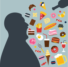 Fat Man Eating A Lot Of Unhealthy Food. Overating, Surfeit. Vector Illustration.