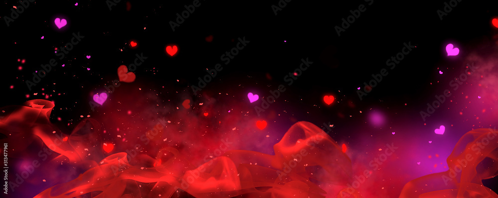 Valentine's Day red and black Background. Holiday Blinking Abstract Valentine Backdrop with Glowing Hearts. Heart Shape Bokeh. Love concept. Valentines art vivid design. Romantic wide screen banner - obrazy, fototapety, plakaty 