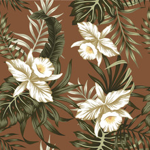 Tropical Vintage Green Floral Palm Leaves White Orchid Flower Seamless Pattern Brown Background. Exotic Jungle Wallpaper.