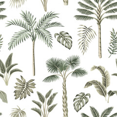 Wall Mural - Tropical vintage palm trees, banana tree, palm leaves floral seamless pattern white background. Exotic jungle wallpaper.