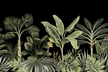 Wall Mural - Tropical night vintage palm tree, banana tree and plant floral seamless border black background. Exotic dark jungle wallpaper.