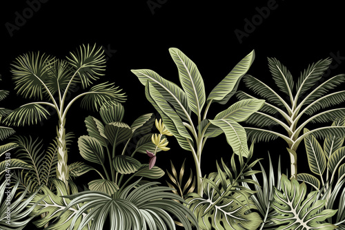 Dekoracja na wymiar  tropikalna-noc-vintage-palmy-drzewo-bananowe-i-roslina-kwiatowy-bezszwowe-granica-czarne-tlo-tapeta-egzotyczna-ciemna-dzungla