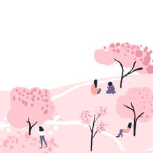 Cherry Blossom Trees In Park, People Have A Picnic Sitting Under Pink Spring Blooming Sakura. Hanami Festival. Vector Illustration With Blank Copyspace