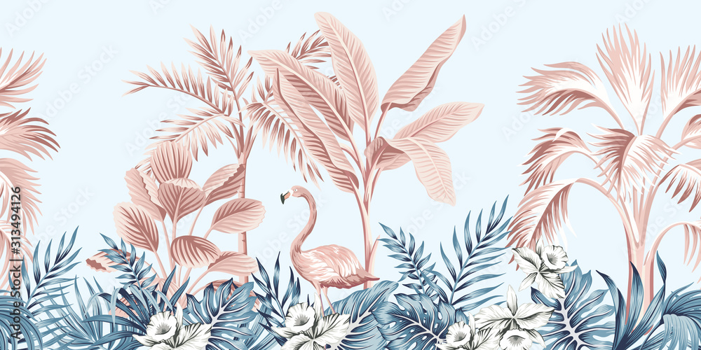 Tropical vintage botanical landscape, pink palm tree, banana tree, blue plant, pink flamingo floral seamless border grey background. Exotic jungle animal wallpaper. - obrazy, fototapety, plakaty 
