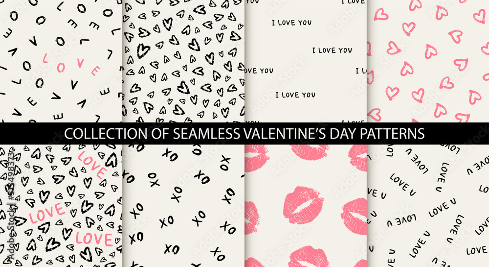 Set of 8 elegant seamless patterns with hand drawn decorative hearts, design elements. Romantic patterns for wedding invitations, greeting cards, scrapbooking, print, gift wrap. Valentines day - obrazy, fototapety, plakaty 