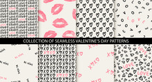 Set Of 8 Elegant Seamless Patterns With Hand Drawn Decorative Hearts, Design Elements. Romantic Patterns For Wedding Invitations, Greeting Cards, Scrapbooking, Print, Gift Wrap. Valentines Day