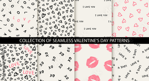 Photographie Set of 8 elegant seamless patterns with hand drawn decorative hearts, design elements