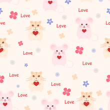 Valentine Day Patterns. Hamster , Mouse , Heart, Flower On Orange Background.