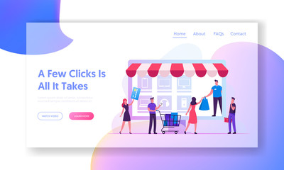 Fototapete - Online Shopping Website Landing Page. Customers with Credit Card and Trolley Buying Goods at Huge Gadget Screen with Purchase Icons. Digital Marketing Web Page Banner. Cartoon Flat Vector Illustration