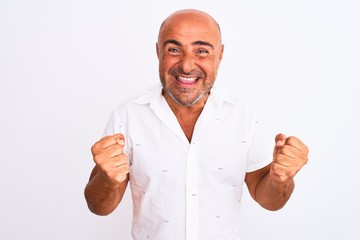 Middle age handsome man wearing elegant shirt standing over isolated white background celebrating surprised and amazed for success with arms raised and open eyes. Winner concept.