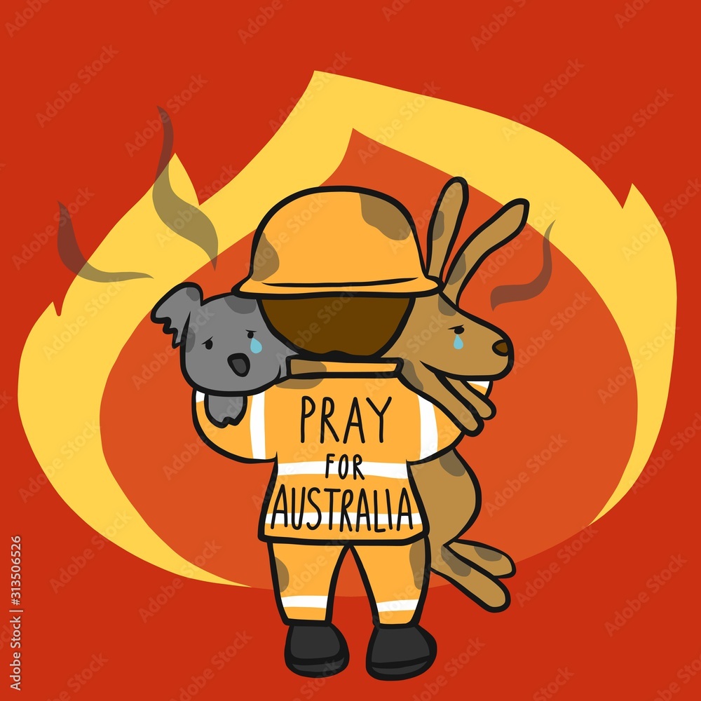 Pray for Australia fireman save koala and kangaroo cartoon vector illustration - obrazy, fototapety, plakaty 