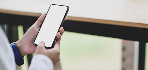 Cropped shot of young businesswoman using blank screen smartphone