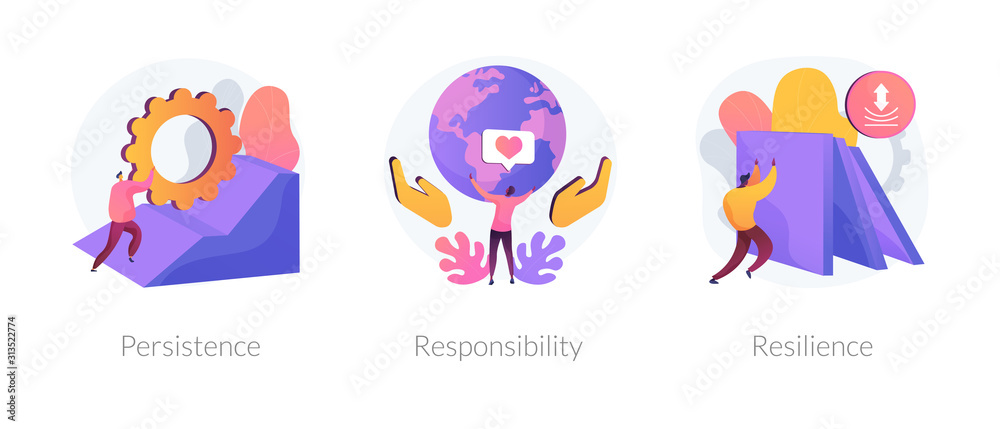 Personal skills development. Self growth and motivation. Career coaching, business training. Persistence, responsibility, resilience metaphors. Vector isolated concept metaphor illustrations. - obrazy, fototapety, plakaty 