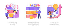 Customer Engagement. Sales Conversions And Traffic Increase Strategies. Marketing Funnel, Sales Pipeline Management, Sales Plan For Business Metaphors. Vector Isolated Concept Metaphor Illustrations.