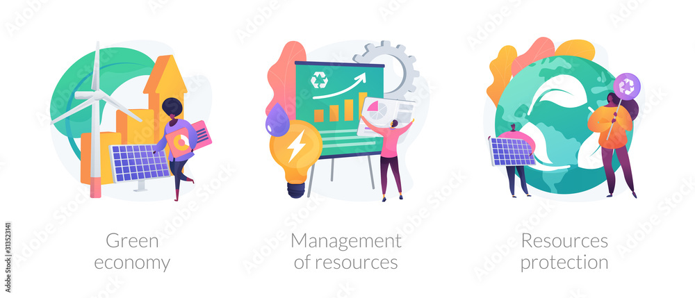 Eco friendly technologies flat icons set. Alternative energy, waste recycling. Green economy, management of resources, resources protection metaphors. Vector isolated concept metaphor illustrations - obrazy, fototapety, plakaty 