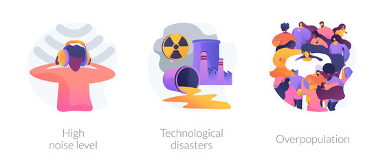 Sticker - Environmental problems caused by human factor, negative impact on nature. High noise level, technological disasters, overpopulation metaphors. Vector isolated concept metaphor illustrations.