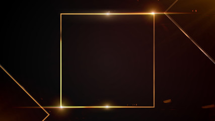 Gold metal glitter and shiny square frame on black background