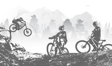 Downhill Mountai Biking Freeride And Enduro Illustration. Bicycle Background With Silhouette Of Downhill Riders In Mountain.