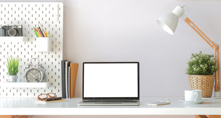 Fototapete - Workspace desk and laptop. copy space and blank screen. Business image, Blank screen laptop and supplies.