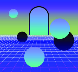 Poster - Surreal landscape with neon laser grid, arch and floating spheres in zero gravity. Disco retrofuturistic background in vaporwave and retrowave 80s-90s style.