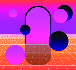 Poster - Surreal synthwave landscape with neon laser grid, arch and floating spheres in zero gravity. Disco retrofuturistic background in vaporwave and retrowave 80s-90s style.