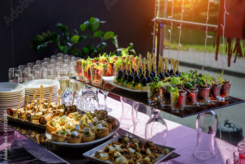 Cold Appetizers At Banquet Restaurant Service Catering Variety Of Delicious Starters On Wooden Skewers And Salads In Small Tartlets Stock Photo Adobe Stock