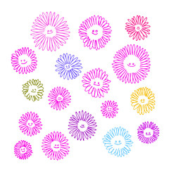 Wall Mural - set of funny pink chamomile flowers for decoration or ornament with smiling emoticons, color vector illustration with contour lines isolated on white background in Doodle and hand drawn style