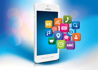 light blue color background on the White smartphone on screen app icon concept.