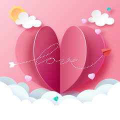 Wall Mural - Paper art style of love and hearth greeting card template background.Vector illustration.