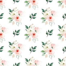 Seamless Background, Pattern, Vintage Floral Texture With Bouquets Watercolor Pink Flowers Roses. Repeat Fabric Wallpaper. Perfectly For Wrapping Paper, Backdrop. 