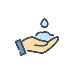 Poster - Hand cream color line icon. Hand with liquid falling drop vector outline colorful sign.