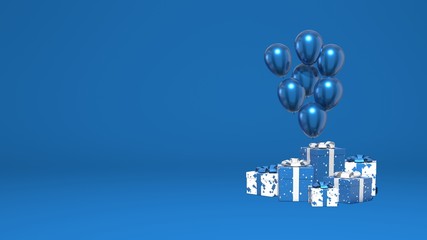 Poster - Shiny balloons and a bunch of gift boxes. Decoration holiday, presentation, promotion. Stylish minimal abstract scene. Trendy classic blue color. 3D rendering