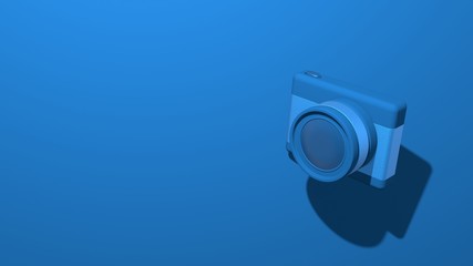 Poster - Modern small photo camera with a lens. Stylish minimal abstract horizontal scene, place for text. Trendy classic blue color. 3D rendering