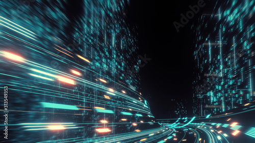Cuadros en Lienzo 3D Rendering of warp speed in hyper loop with blur light from buildings' lights in mega city at night