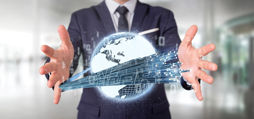 Poster - Businessman holding an Optical fiber connection - 3d rendering