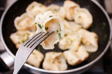 Sticker - Traditional polish dumplings in frying pan.