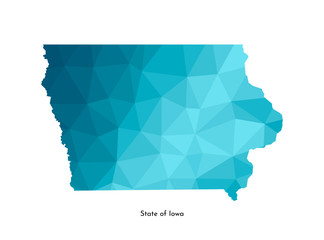 Wall Mural - Vector isolated illustration icon with simplified blue map's silhouette of State of Iowa (USA). Polygonal geometric style. White background