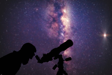 Wall Mural - astronomer with a telescope watching at the stars and moon. my astronomy work.