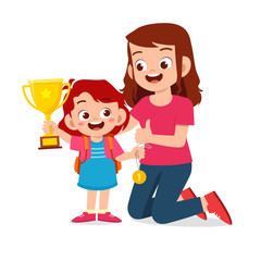 Canvas Print - happy cute kid girl carry trophy with mom