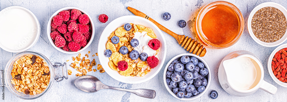 Healthy breakfast, muesli, cereal with fruit. - obrazy, fototapety, plakaty 