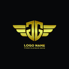 Initial Letter JG Shield Logo With Wing Vector Illustration, Gold Color