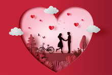 Young Couple Holding Hands In Park With Many Heart Floating, Paper Art Style.