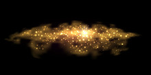 Abstract Gold Cloud With Glowing And Glitter Effect. Golden Smoke With Light Shiny Particles, Star Dust, On Black  Background. Vector Illustration