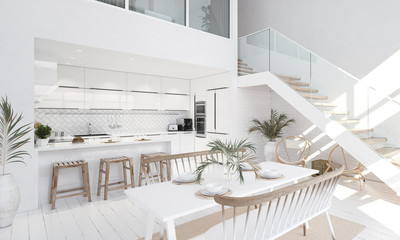 White modern kitchen interior, Scandinavian style, 3d render