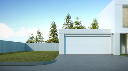 Poster - Perspective of luxury modern house with lawn grass, garage entrance on pine tree background, Idea of architecture design. 3D rendering