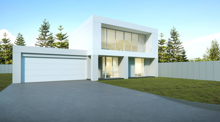 Poster - Perspective of luxury modern house with lawn grass, garage entrance on pine tree background, Idea of architecture design. 3D rendering
